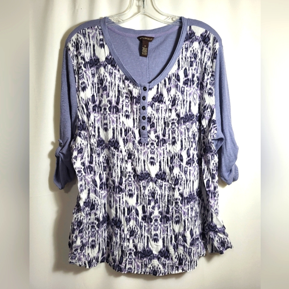 Bit & Bridle gray white & blue 3/4 sleeve tunic women's 2X #1699